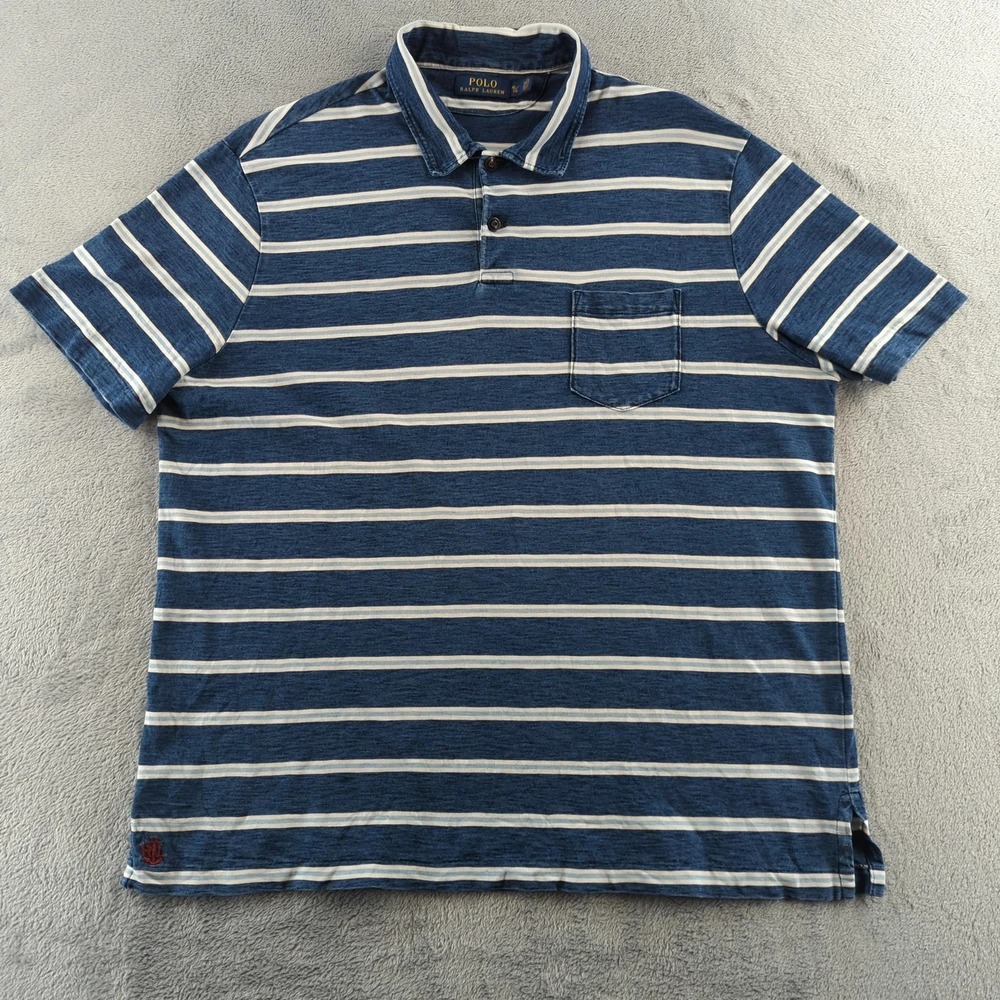 Polo Ralph Lauren Polo Shirt Mens XL Blue White Striped Chest Pocket Nautical